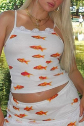 Goldfish Pattern Crop Cami Ruffled Lace Trim Maxi Skirt Matching Set-White