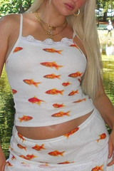 Goldfish Pattern Crop Cami Ruffled Lace Trim Maxi Skirt Matching Set-White