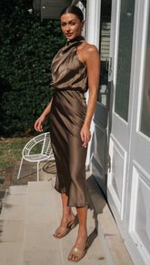 Turtleneck Sleeveless Satin Midi Dresses