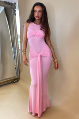 Twisted Knot Ruched Slim Fit Long Streamer Maxi Tank Dresses-Pink