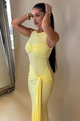 Twisted Knot Ruched Slim Fit Long Streamer Maxi Tank Dresses-Pink