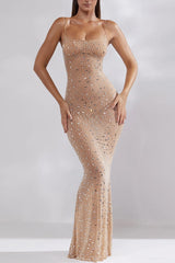 Rhinestone Spaghetti Strap Bodycon Fishtail Hem Slip Maxi Dresses-Nude
