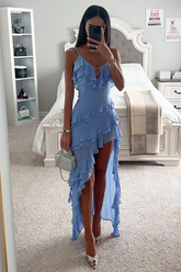 Deep V Neck Asymmetric Flounced Irregular Maxi Strappy Dresses-Blue