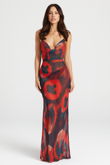 Abstract Print Cowl Neckline Backless Slip Maxi Dresses-Red Pre Order