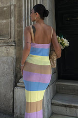 V Neck Colorblock Knit Slim-Fit Sleeveless Maxi Sweater Dresses-Purple