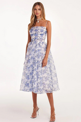 Floral Print Boat Neck Spaghetti Strap A-Line Midi Dresses-Blue