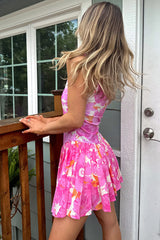 Floral Print Round Neck Pleated Vacation Mini Dresses-Fuchsia Pre Order