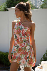One Shoulder Floral Print Ruched Tie Mini Dresses