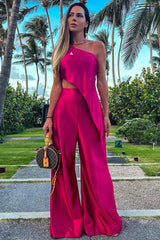 One Shoulder Irregular Hem Satin Top Wide Leg Pants Matching Set