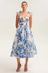 Tie Up Cami Cinch Waist Floral Print Midi Dresses-Blue