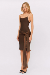 Lace Trim Slim Fit Tie Up Streamer Spaghetti Strap Midi Dresses-Brown