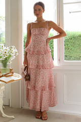 Ditsy Floral Print Tiered Ruffled Maxi Strappy Dresses-Pink