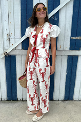 Lobster Print Puff Sleeve Tie Up Top Straight Leg Pants Matching Set-White