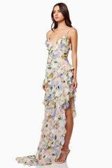 Floral Print Ruffled V Neck High Slit Tiered Maxi Dresses-Pink