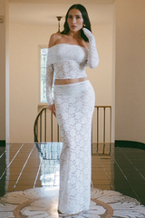 Floral Lace Off Shoulder Long Sleeve Crop Top Maxi Skirt Matching Set-White