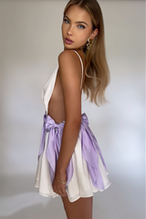 Deep V Neck Colorblock Bow Decor Backless Mini Slip Dresses-White