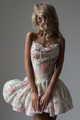 Floral Print Cinch Waist Backless Mini Slip Dresses-White Pre Order