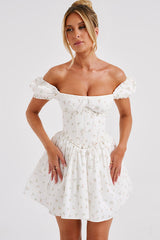 Off Shoulder Puff Sleeve Floral Print Corset Mini Dresses-White