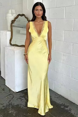 Lace Trim V Neck Backless Gowns Maxi Tank Dresses-Yellow