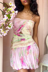 Floral Print Pleated Cinch Waist Bubble Hem Spaghetti Strap Mini Dresses-Pink