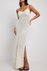 Crochet Irregular Neck Cami Hollow Out High Slit White Cover Up Maxi Dresses