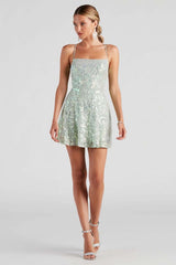 Floral Sequins Cami Lace Up Backless A-Line Garden Party Mini Dresses