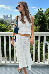 Textured Pattern Crop Tank Top Flowy Midi Skirt Matching Set-White