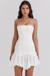 Strapless Lace Up Slim Fit Irregular Mini Dresses-White Pre Order