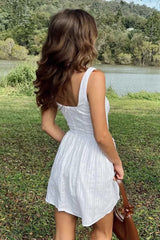 Square Neck Low Back Texture A-Line Sleeveless Mini Dresses-White