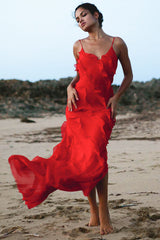 Ruffled Slit V Neck Backless Prom Slip Maxi Dresses