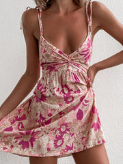 Lace Up Back Floral Casual Mini Dresses