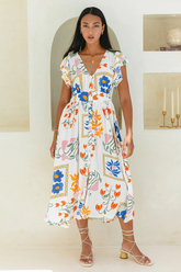 Floral Print V Neck Ruffled Sleeve A-Line Midi Dresses-White