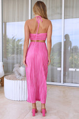 Crossover Halter Cut Out Backless Crop Top Pleated Vacation Maxi Skirt Matching Set