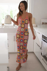 Multicolor Pattern Crochet Halter Slit Vacation Maxi Dresses