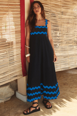 Colorblock Ripple Trim Vacation Slip Maxi Dresses-Black