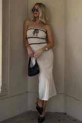 Colorblock Tie Up Slim Fit Knit Midi Tube Dresses-Beige