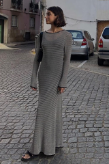 Knit Striped Pattern Long Sleeve Slim Fit Vacation Maxi Dresses-Black