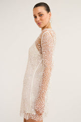 Sequins Pearls Round Neck Long Sleeve Slim Fit Double Layered Mini Dresses - White