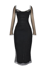 Lace Patchwork Corset Long Sleeve Slim Fit Slit Midi Dresses-Black