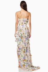 Floral Print Ruffled V Neck High Slit Tiered Maxi Dresses-Pink