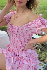 Floral Print Puff Sleeve Bow Decor Tiered Ruffled Mini Dresses-Pink