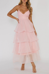 V Neck Cinch Waist Tulle Tiered Hem Backless Midi Slip Dresses-White