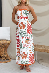 Mixed Prints Wavy Trim A-Line Vacation Strapless Maxi Dresses-White