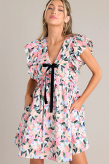 Floral Print V Neck Bow Decor Ruffled Sleeve A-Line Mini Dresses-Pink