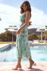 Cami Boat Neck Cutout Tied Up Backless High Slit Floral Print Garden Party Maxi Dresses