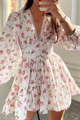 Lace Deep V Neck Long Puffy Sleeve Flowy A-Line Tiered Pleated Floral Print Vacation Mini Dresses