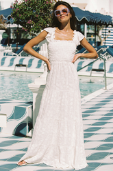 Ruffled Trim Square Neck Jacquard Tiered Maxi Dresses-White