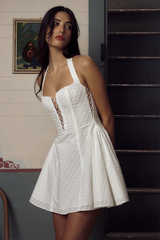 Lace Trim Halter Neck Lace Up A-Line Sleeveless Jacquard Mini Dresses-White