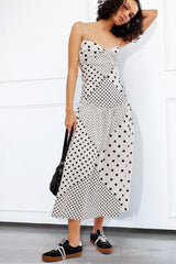 Polka Dot Patchwork Irregular Neck Pleated Slip Midi Dresses-White