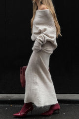 Off Shoulder Long Sleeve Oversized Sweater Knit Midi Skirt Matching Set-Beige